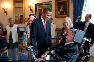 Barack Obama talking to Stephen Hawking in the White House
